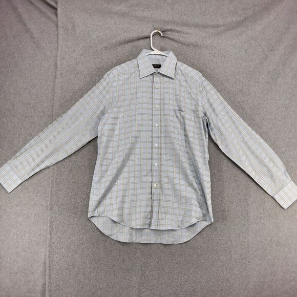 Lanvin Paris Button Down Shirt Mens Size 40 15 3/4 Blue Square Plaid Long Sleeve